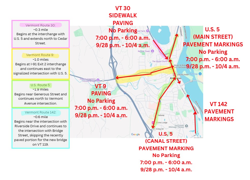 A map of how the paving project will affect parking and traffic downtown during the week of September 28, 2025.