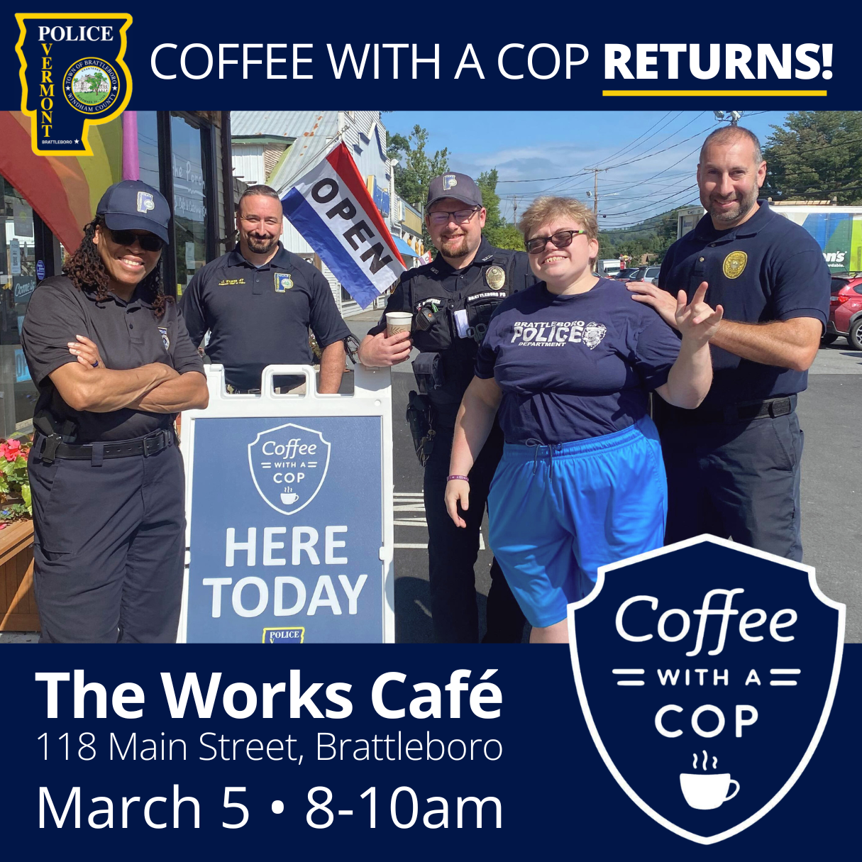 An advertisement for the Coffee with a Cop event scheduled for March 5, 2026 at the Works Café.