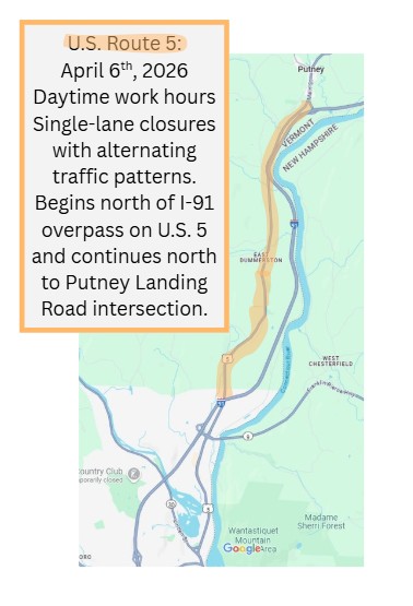 A map of the paving project that will resume on Route 5 starting April 6, 2026.