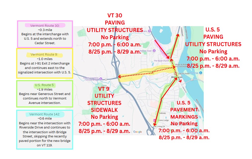 A map of how the paving project will impact parking in Brattleboro for the week of August 25, 2025.ion.