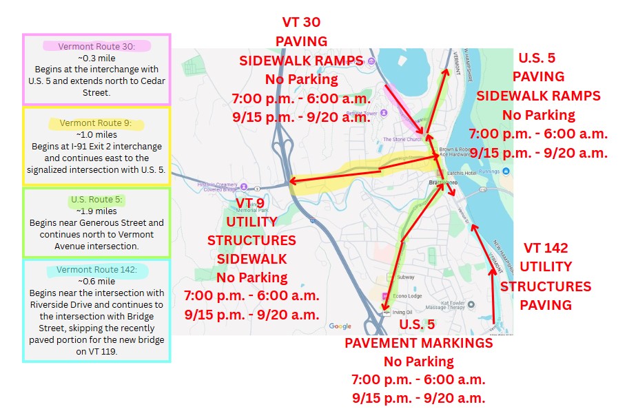 A map of how the VTrans paving project will impact traffic and parking during the week of September 15, 2025.