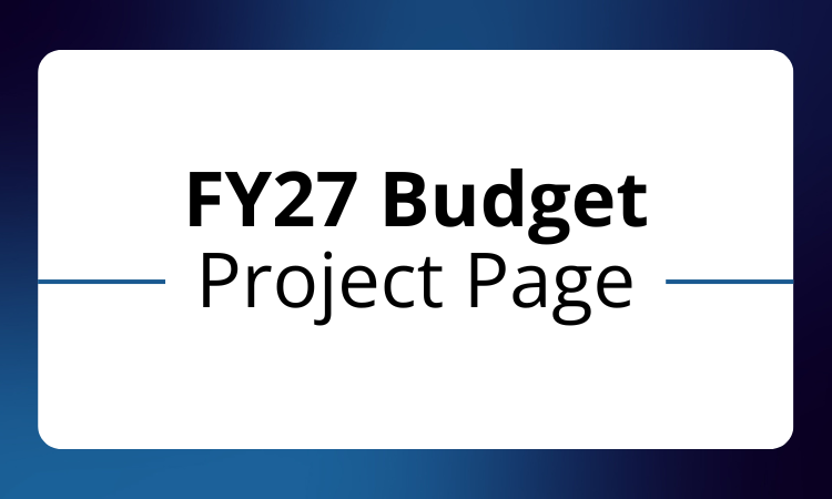 A banner link to the FY27 budget project page.